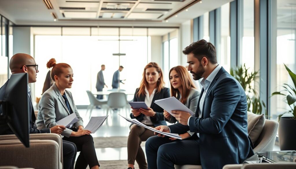 A modern and sleek office space, filled with sophisticated technology and stylish furnishings. In the foreground, a team of professionals from the MegaLeads b2b marketing firm in South Africa are collaborating on content syndication strategies, their expressions focused and determined. Soft, directional lighting from large windows creates a warm, productive atmosphere. In the background, a minimalist, glass-walled conference room can be seen, where colleagues review data and discuss campaign plans. The overall scene conveys the expertise, collaboration, and cutting-edge capabilities of MegaLeads, a leading content marketing and whitepaper syndication provider in South Africa.
