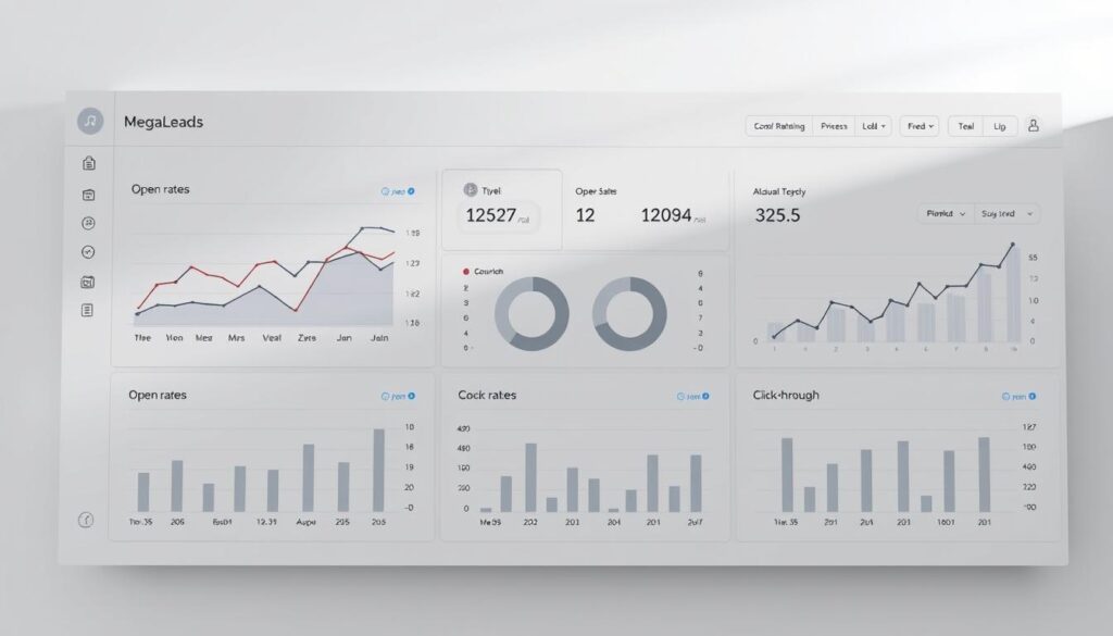 A sleek, minimalist email marketing analytics dashboard displays real-time campaign performance data for MegaLeads. Crisp line graphs, pie charts, and bar charts illuminate key metrics like open rates, click-through rates, and ROI, all set against a clean, white background with muted gray accents. The dashboard is bathed in soft, diffused lighting, creating a professional, data-driven atmosphere. The layout is well-organized, with intuitive navigation and clear visualizations that convey insights at a glance, empowering data-driven decisions for MegaLeads' POPIA-compliant email marketing strategies. A sleek, minimalist email marketing analytics dashboard displays real-time campaign performance data for MegaLeads. Crisp line graphs, pie charts, and bar charts illuminate key metrics like open rates, click-through rates, and ROI, all set against a clean, white background with muted gray accents. The dashboard is bathed in soft, diffused lighting, creating a professional, data-driven atmosphere. The layout is well-organized, with intuitive navigation and clear visualizations that convey insights at a glance, empowering data-driven decisions for MegaLeads' POPIA-compliant email marketing strategies.