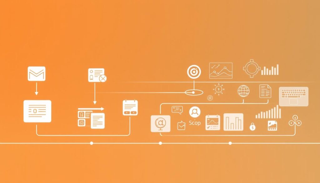 A sleek, minimalist illustration of the lead nurturing automation process for MegaLeads. In the foreground, a stylized customer journey with touchpoints like email campaigns, targeted content, and personalized offers. In the middle ground, a dynamic workflow of marketing automation tools seamlessly connecting and optimizing these interactions. The background features a sophisticated data visualization, highlighting key metrics and insights that drive the process. Warm, muted tones create a professional, elegant atmosphere, emphasizing the precision and effectiveness of MegaLeads' lead nurturing capabilities.