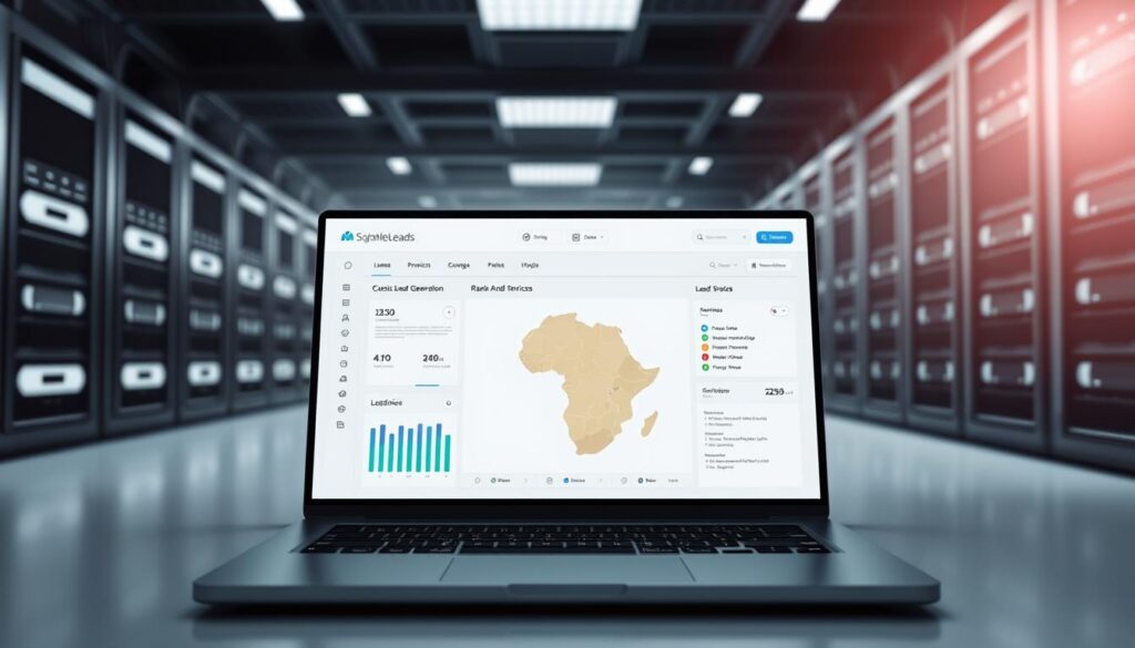 A sleek, minimalist website interface showcases exclusive lead generation and rank and rent services from MegaLeads. In the foreground, a stylized dashboard displays real-time metrics and lead data, with clean typography and intuitive controls. The middle ground features a laptop displaying a map of South Africa, highlighting key regions and lead sources. In the background, a series of server racks and networking equipment convey the powerful technology powering MegaLeads' solutions. Soft, directional lighting creates depth and emphasizes the modern, professional aesthetic. The overall mood is one of efficiency, authority, and customer-centric digital marketing capabilities.