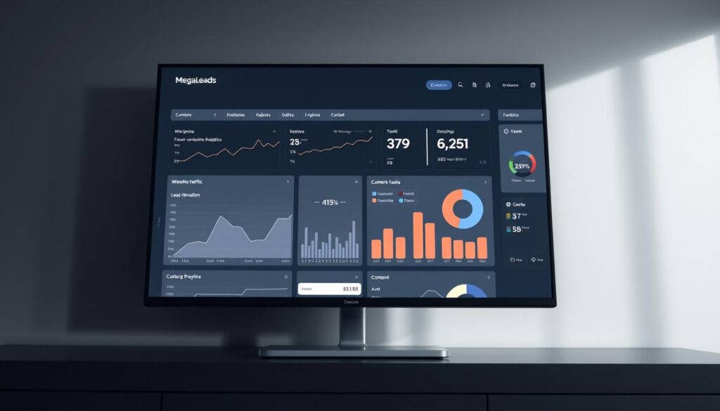 A sleek, modern content marketing analytics dashboard on a large flat-screen display. The dashboard features clean, minimal design with sharp lines and a muted color palette of blues, grays, and whites. Intuitive data visualizations such as line graphs, bar charts, and pie charts provide in-depth insights into key metrics like website traffic, lead generation, and content performance. The MegaLeads logo is prominently displayed at the top, conveying the brand's expertise in content marketing and advanced analytics. The dashboard is bathed in soft, indirect lighting that creates a sense of professionalism and sophistication, perfectly suited for an article on measurable results in content marketing.
