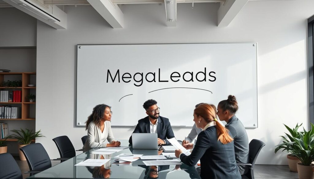 A sleek, modern office setting with a large whiteboard on the wall displaying the MegaLeads logo. In the foreground, a group of business professionals are engaged in a lively discussion, papers and laptops strewn across a glass conference table. The lighting is bright and airy, conveying a sense of productivity and collaboration. In the background, rows of bookshelves and potted plants create a sophisticated, professional atmosphere. The overall scene depicts the strategic distribution of whitepapers and content marketing materials to generate qualified leads for MegaLeads' clients in South Africa.