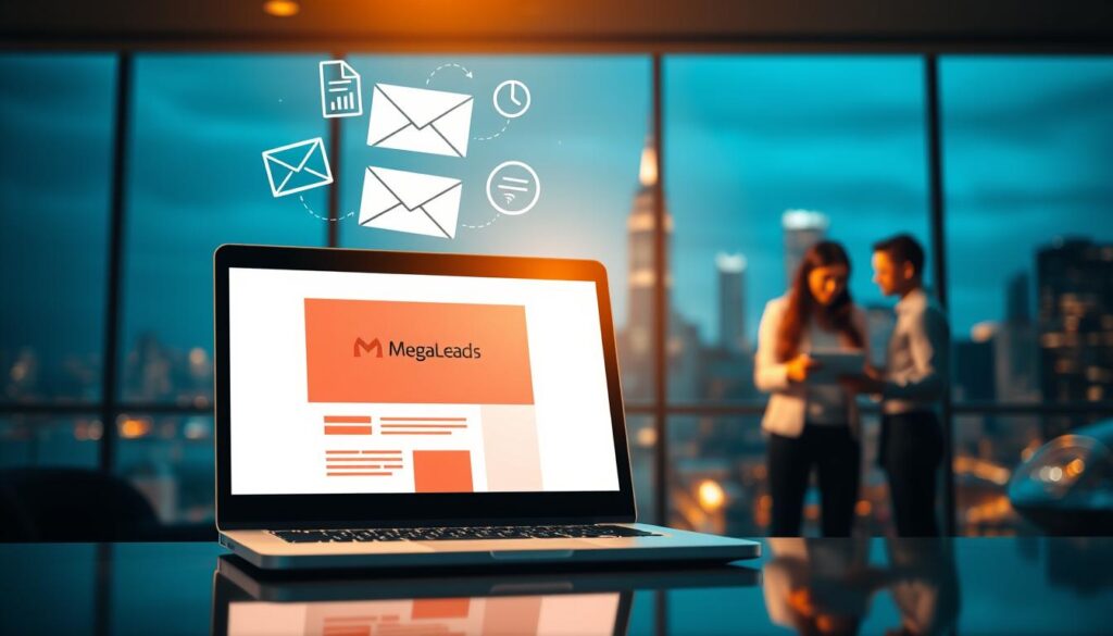 A sleek, professional email marketing services illustration. In the foreground, a laptop screen displays a stylish email campaign with the MegaLeads logo. Hovering above it, email icons and analytics charts convey the data-driven insights. In the middle ground, a team of marketers collaborates, discussing strategies on a touchscreen display. The background features a blurred cityscape, suggesting the scale and reach of the digital services. Warm, directional lighting illuminates the scene, creating a sense of expertise and sophistication. Captured with a wide-angle lens to emphasize the comprehensive nature of the MegaLeads digital marketing portfolio.