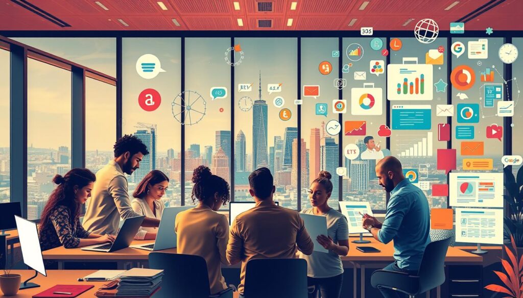 A vibrant landscape showcasing the comprehensive content marketing services offered by MegaLeads. In the foreground, a team of creatives collaborates on a whitepaper design, their expressions focused and their workstations organized. The middle ground features a sleek, modern office setting with large windows overlooking a bustling city skyline. In the background, a montage of digital marketing elements - social media icons, analytics dashboards, and content creation tools - creates a sense of the full suite of services provided. Warm lighting casts a professional and productive atmosphere, while the color palette reflects the brand's identity. The overall scene conveys the expertise, innovation, and comprehensive nature of MegaLeads' content marketing solutions.