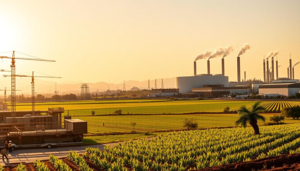 A vibrant panoramic landscape showcasing the diverse industries that MegaLeads serves across South Africa. In the foreground, a bustling construction site with towering cranes and hard-hatted workers. In the middle ground, a thriving agricultural field with rows of crops and a farmer tending to the land. Further back, a modern manufacturing facility emits plumes of steam, signifying the region's industrial prowess. The sky is filled with a golden glow, casting a warm, inviting atmosphere over the scene. The composition is balanced, with each element complementing the others to create a comprehensive representation of South Africa's economic landscape.